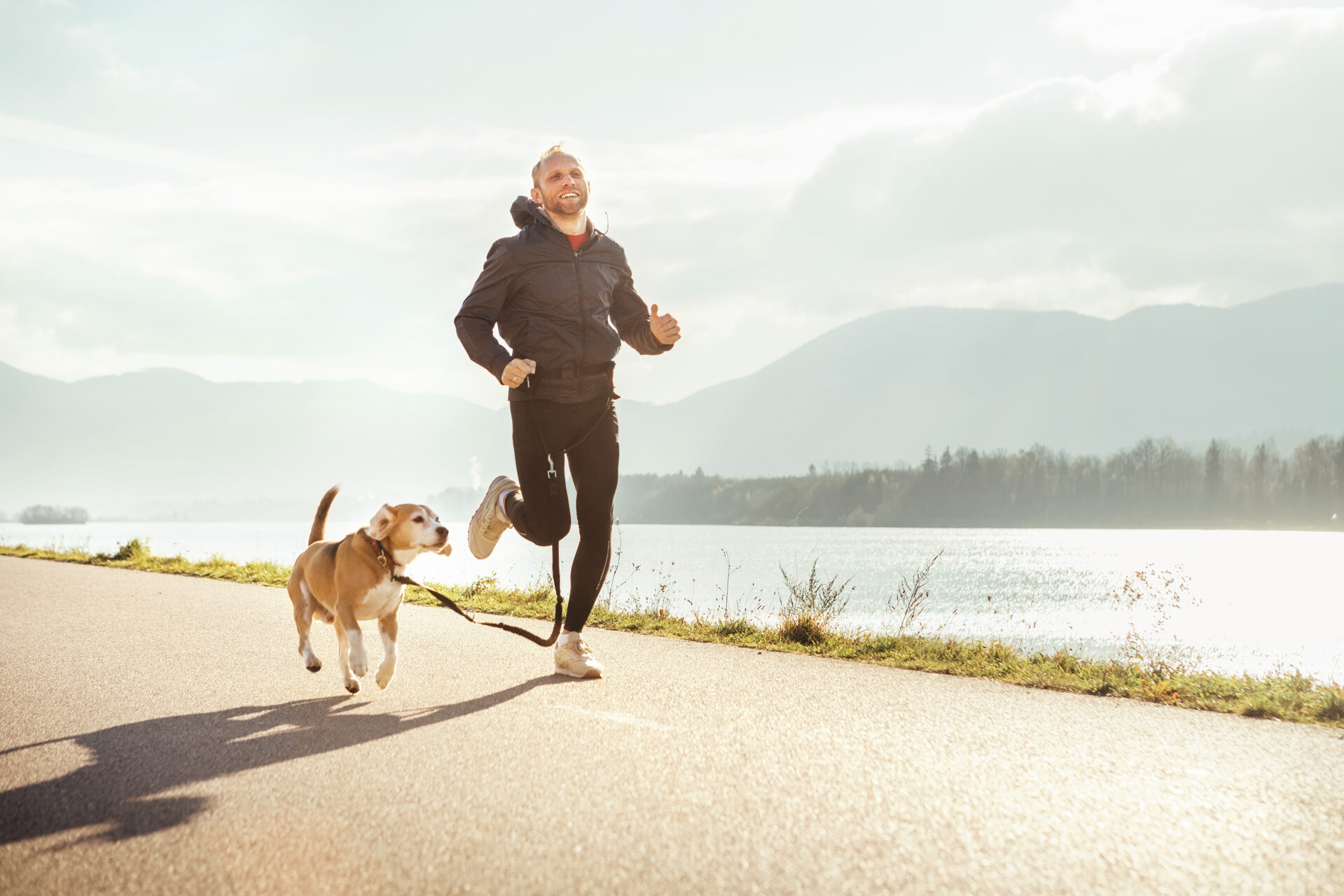 Morning jogging with pet: man runs together with his beagle dog