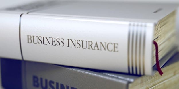 A silver book with a red ribbon bookmark between the pages. The words business insurance are written on the book’s spine.